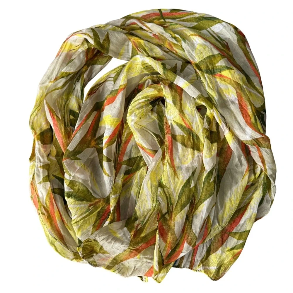 Vivante 100% Silk Scarf‎ Tropical Leaf Print Yellow Green Coral 71x20